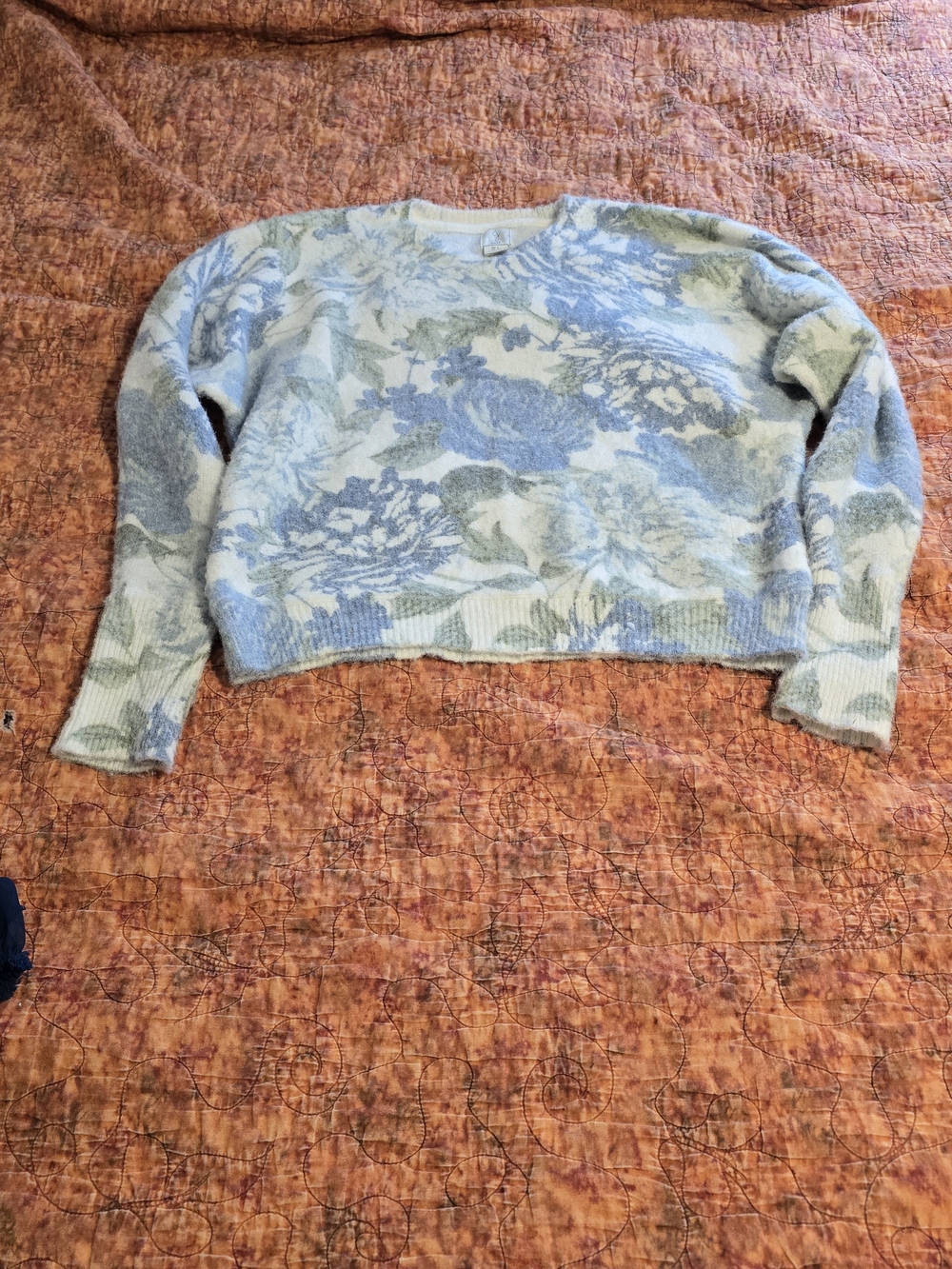 Joie Floral Fuzzy Knit Crewneck Sweater Blue White Mohair Blend Size Small